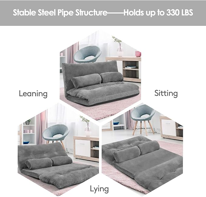 Giantex Adjustable Floor Sofa Couch with 2 Pillows Multi-Functional 6-Position Foldable Lazy Sofa Sleeper Bed Multi-Functional Suede Floor Seating Sofa for Reading Gaming (Gray)