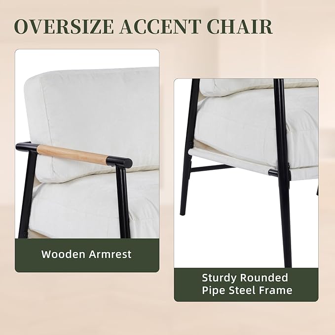 Accent Chair Living Room Chair Modern Mid-Century Armchair Comfy Reading Chair for Bedroom Upholstered Chenille Fabric Lounge Chair W/Plush Cushions Metal Frame and Wooden Armrest 1PC White