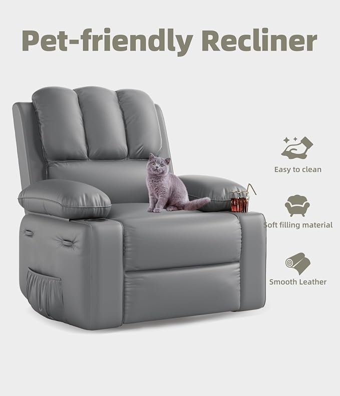 GarveeHome Recliner Chairs Classic Manual Leather Recliner Home Theater Seating with Lumbar &amp Arms Support for Living Room Bedroom and Nursery (Grey-27)