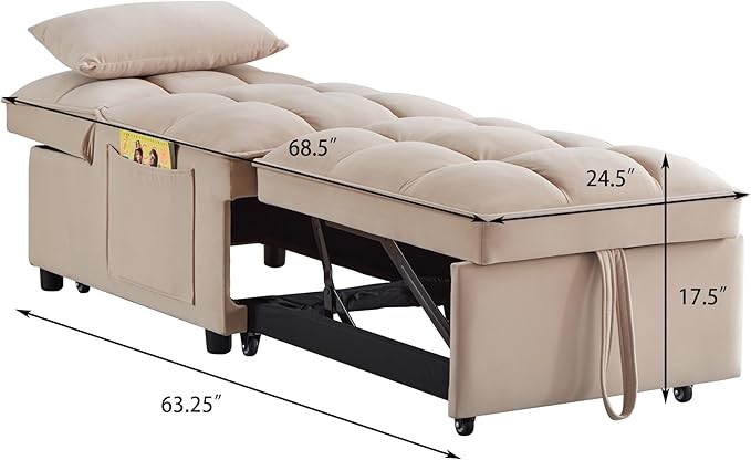 Multi-Function Convertible Single Sleeper Sofa Bed with Storage PocketsVelvet Tufted Pull-Out Couch Bed 4in1 W/Adjustable Backrest &amp PillowsChaise Lounge for Living RoomSmall SpaceTaupe