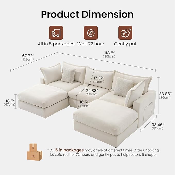 118.5 U Shaped Down Filled Couch Chenille Modular Sectional Sofa with 2 Storage Ottoman 3 Seater Sectional Couch with Deep Seat Mordern Sectional Couches for Living Room Beige