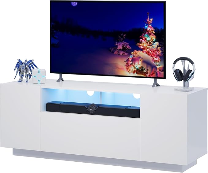 WLIVE TV Stand with LED Lights &amp Large Storage Cabinet Modern Entertainment Center for 32/43/50/55 Inch TVs Sturdy Media Console for Living Room Bedroom Gaming White