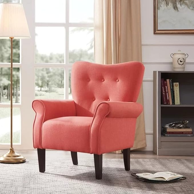 Modern Style Lounge Chair for Living Room | Stylish Wide Armchair Tufted High Backrest with Padded Arms &amp Deeply Thick Cushioned Seat | Durable Wood Manufactured | Aesthetic LookCinnamon Pink Col