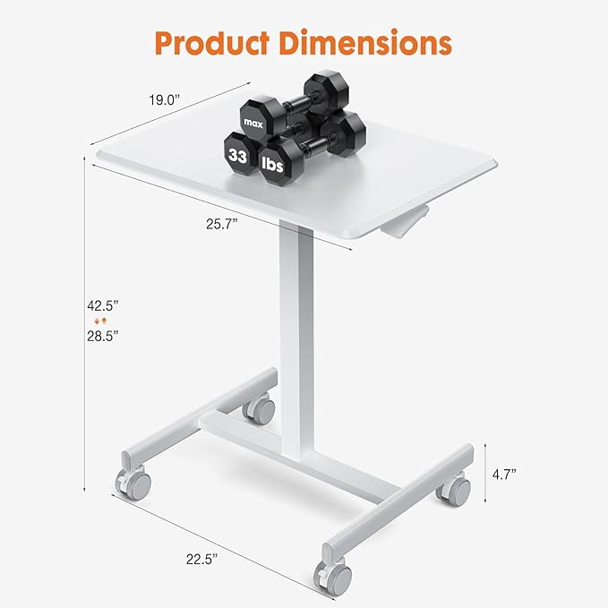 Sweetcrispy Small Mobile Rolling Standing Desk - Overbed Table Mobile Portable Rolling Laptop PC Table with Locking Wheels Adjustable Height Computer Workstation for Home Office 19 InchWhite