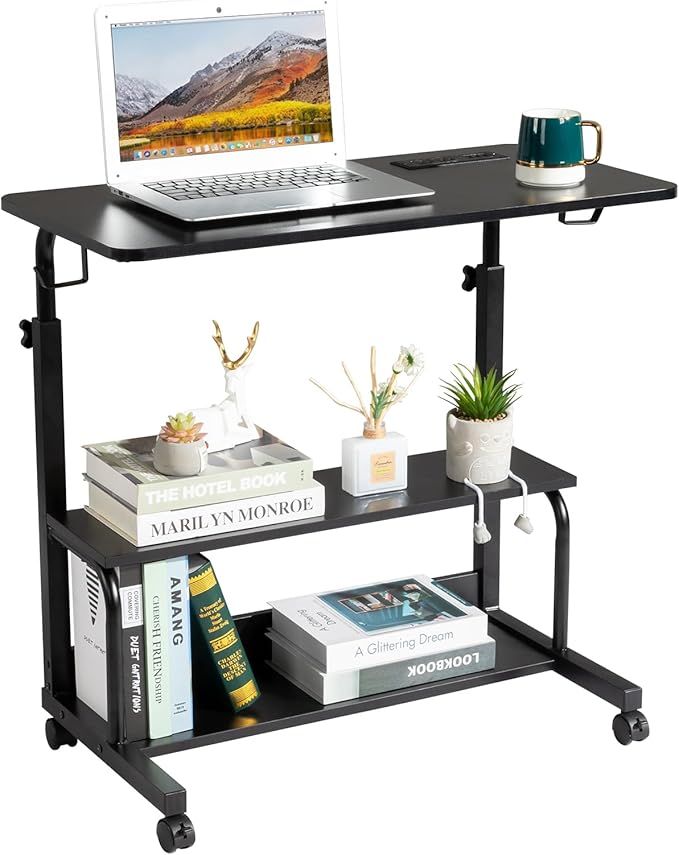 Vasitelan Mobile Computer Desk for Small Space Rolling Writing Desk with Wheels Home Office Study Portable Storage Gaming Table with 3 USB + 2 AC Outlets (Black)