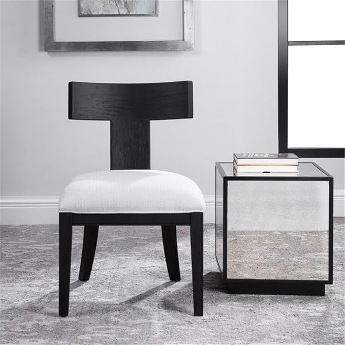 BOWERY HILL Modern Accent Chair 18 in Seat Height Birch Wood Frame Charcoal Black Finish White Performance Fabric Cushion Klismos Style Armless Design for Living Room or Bedroom Use