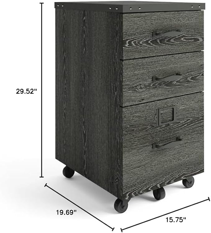 NBF Rivet 3 Drawer Mobile File Cabinet - Rolling Storage Pedestal with Locking File Drawer and Handles - Fully Finished Back for Modern Office Organization 16 W Weathered Oak