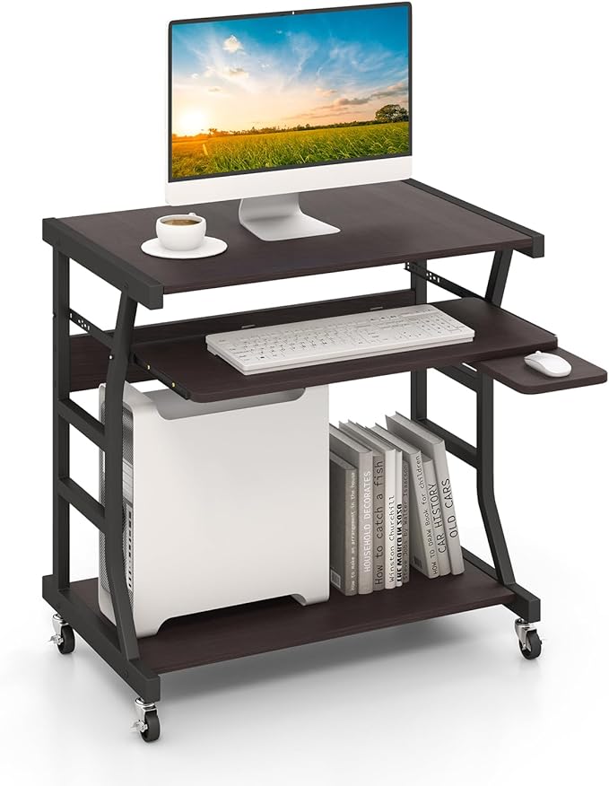 Tangkula Mobile Computer Desk with Keyboard Tray Portable Small Rolling Desk with Mouse Tray &amp Bottom Storage Shelf Rolling Laptop PC Desk Cart with Lockable Wheels for Small Space (Brown)