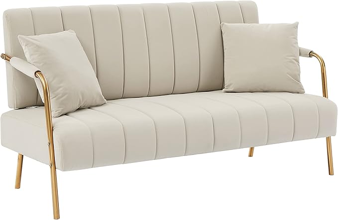 Dolonm 60 Velvet Loveseat 2 Seater Upholstered Couch with 2 Pillows Mid Century Pleated Velvet Sofa with Gold Metal Legs Perfect for Small Spaces Apartments Offices Bedrooms