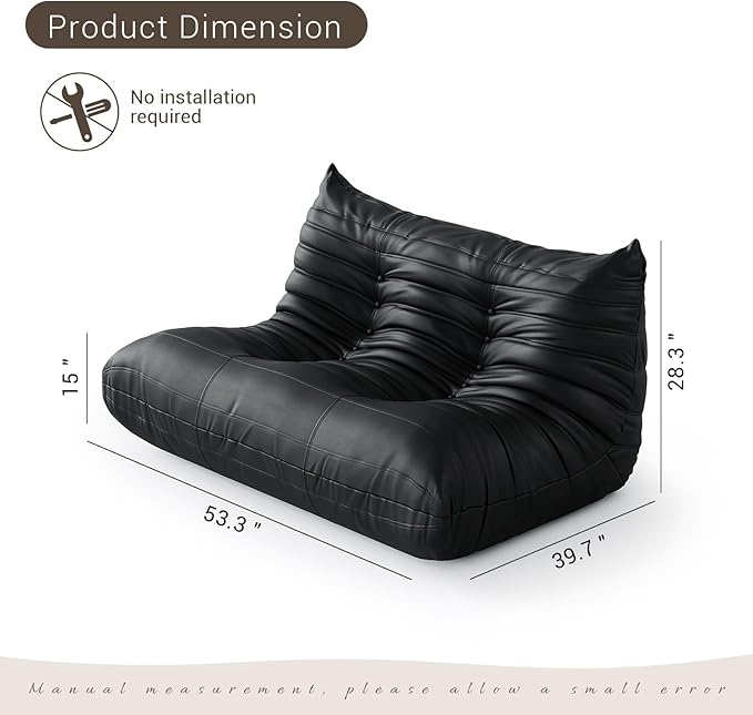 Lazy Floor SofaLoveSeat Fireside ChairBig Bean Bag Chair with Memory Foam Filled for Living RoomBlack