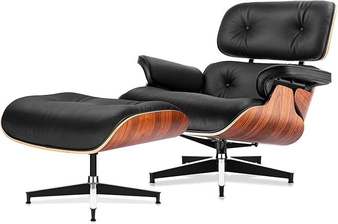 Mid Century Chaise Lounge Chair and Ottoman Reading Chair Leather Accent Chair Modern Chair Classic Design Heavy Duty Base Support for Living Room (Palisander-Black Tall)