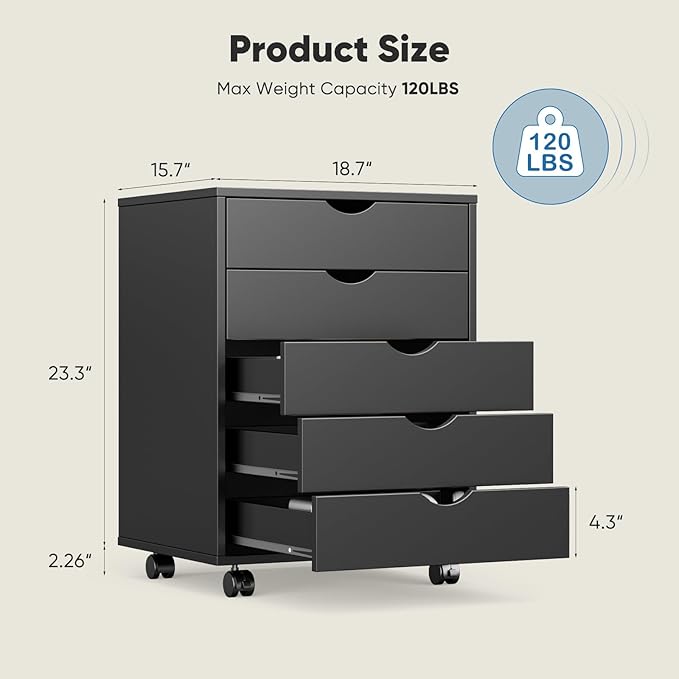 OLIXIS 5 Drawer Mobile File Cabinet Under Desk Storage Organization with Wheels Vertical Filing Chest Rolling Wood Small Desk Printer Stand for Home Office 15.75D x 18.74W x 25.39H Black