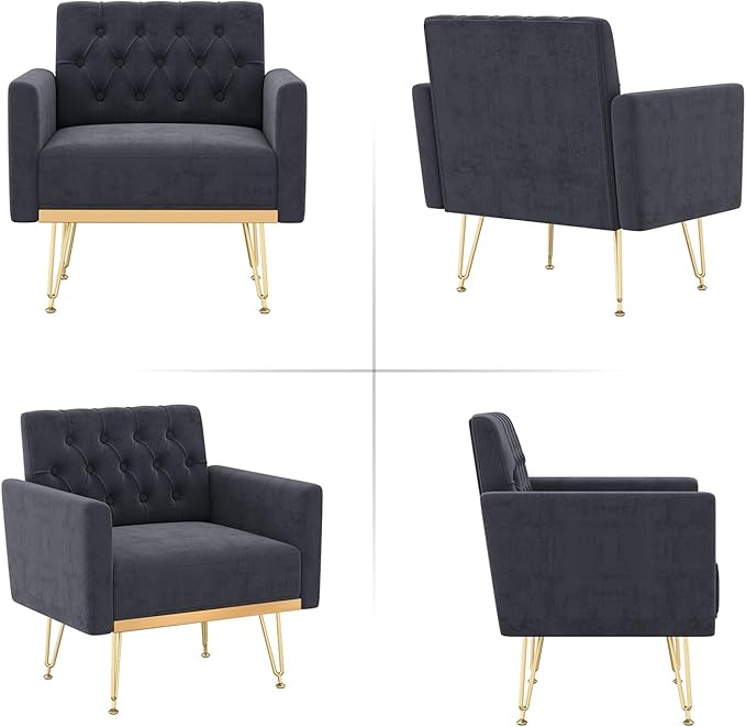Olela Accent Chair with Arm for Living Room Velvet Modern Armchair Single Sofa Cozy Tufted Upholstered Reading Side Chairs with Gold Metal Leg for Bedroom Decorate