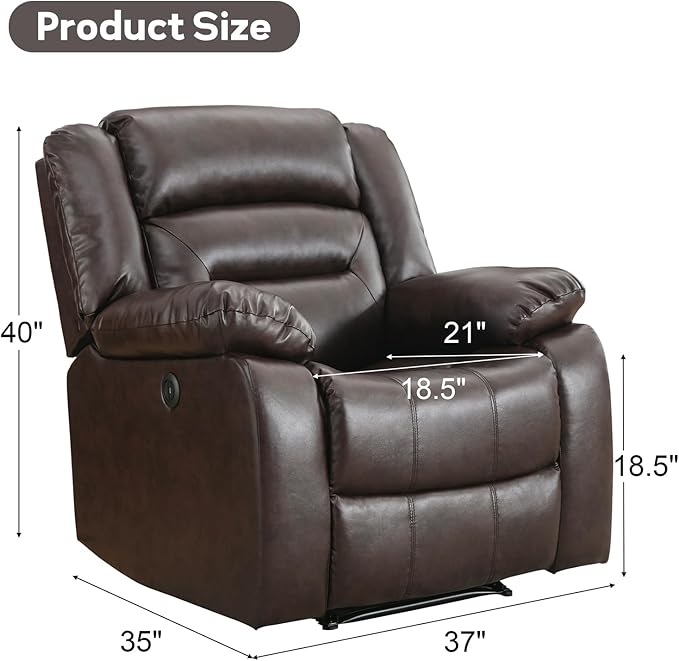 EBELLO Faux Leather Power Recliner Chair Oversized Electric Overstuffed Reclining Chair with Thick Cushion and Back Single Sofa with Comfortable Armrest USB Charge Port Brown (Recliner)