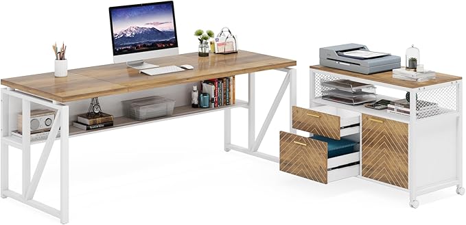 LITTLE TREE 63 L Shaped Executive Computer Desk and Drawer lateral File Cabinet Walnut