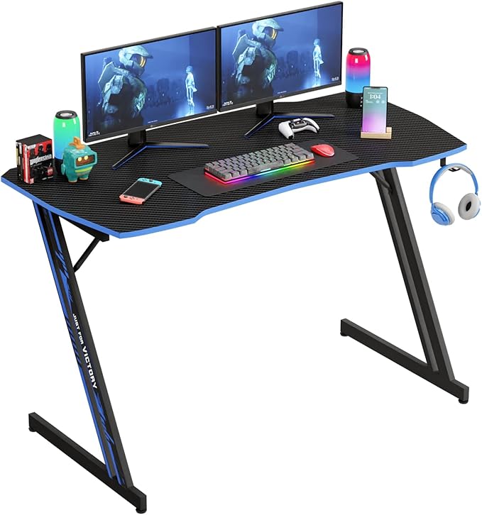 PayLessHere | 47 Gaming Table | Blue | Z-Shaped Computer Desk with Steel Frame Headphone Hook Adjustable Feet | Carbon Fiber Texture Surface Sweat &amp Waterproof | for Gaming Home Office