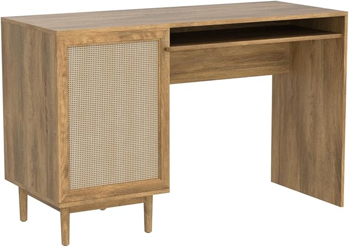 mopio Haylee Boho Farmhouse Writing Desk with Natural Rattan Exterior Door Ample Storage Adjustable Shelves for Study Vanity Makeup &amp Work in Bedroom Home Office
