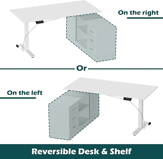 63 L Shaped Electric Standing Desk with File Cabinet Height Adjustable Stand up Desk with Drawers and Shelves Home Office Computer Gaming Table White