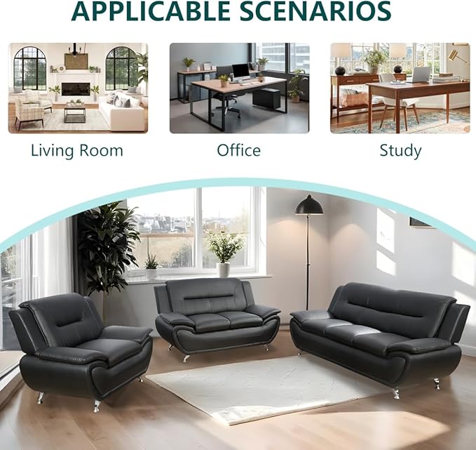 2 Piece Living Room Furniture Set Sectional Sofa Couches Black Leather Sofa Set Modern Sofa Couch Set for Living Room/Bedroom/Office Black#2