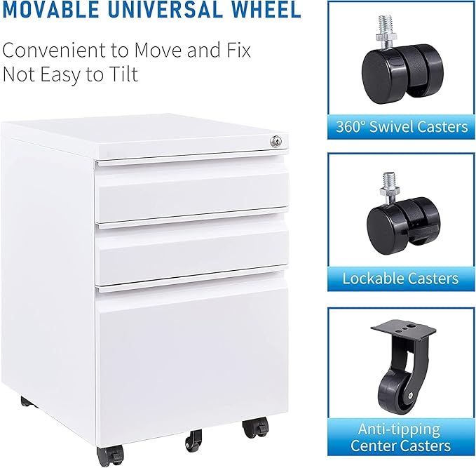 Anwick 3 Drawer Mobile File Cabinet Under Desk Fully Assembled Except Casters fits Letter/Legal/A4 Size for Home Office (White 3-Drawer)