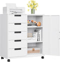 MIIIKO 5 Drawer Storage Cabinet with Door and Shelf Mobile Lateral Cabinet on Wheels Office Small Organizer Printer Stand White File Cabinets