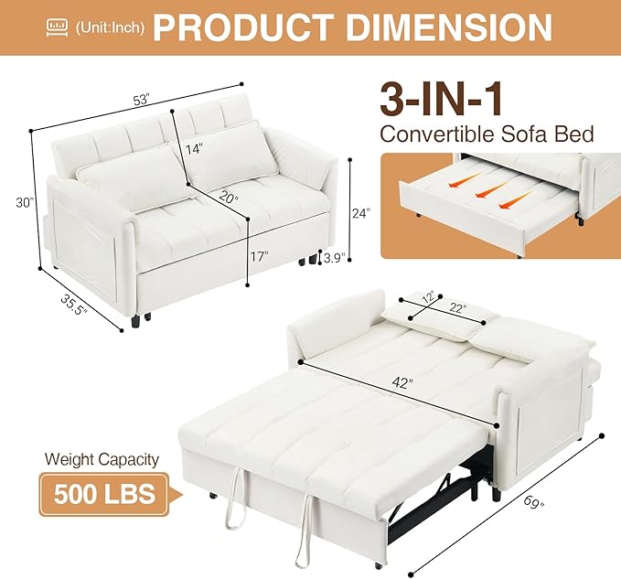 3 in 1 Convertible Sleeper Sofa Bed Modern Velvet Loveseat Pull-Out Couch w/Pullout Bed Small Love Seat Lounge Sofa w/Reclining BackrestToss Pillows Pockets for Living Room
