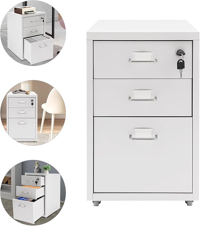 File Cabinet 3 Drawer Mobile Metal Storage Cabinets with Lock and Wheels Vertical Filing Cabinet Under Desk Document Classification Organizer for Office Home Study Dresser (White)