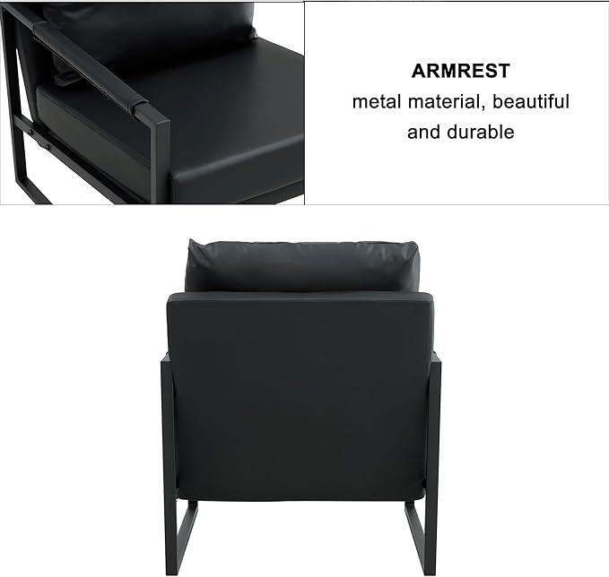 Mid Century Modern PU Leather Accent Arm Chair with Metal Frame and Thick Padded Backrest Upholstered Lounge Armchair Sofa for Living Room Bedroom