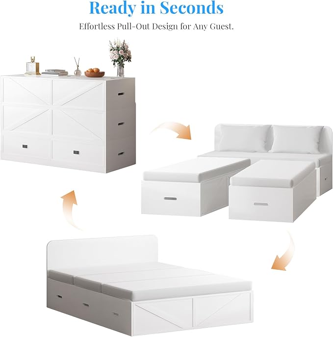 PUREMIND Murphy Bed Full with Mattress Included Wood Cabinet Bed with Dual Storage Drawers &amp 2 Pillows 3-in-1 Convertible Sofa Beds for Small Space Guest Room White