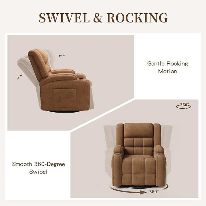 Furnimart 360° Swivel Rocker Recliner with Heat and Massage Manual Comfy Recliner Chair for Adult Chenille Glider Rocker Chaise Lounge for Living Room Bedroom Home Theater (Brown)