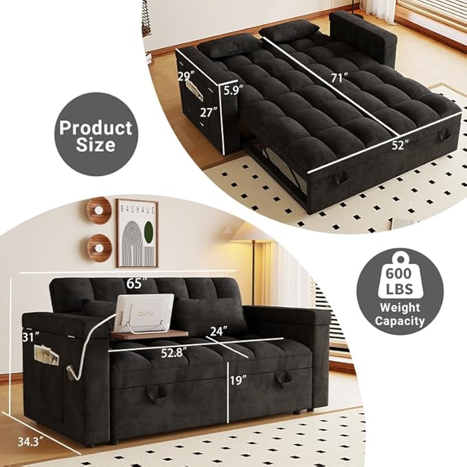 Convertible Sofa Bed 5-in-1 Pull Out Couch with Side Table Loveseat Sleeper Sofas Bed Couch with USB Port 65‘’ Velvet Pull Out Sofa Beds for Living Room Bedroom Apartment