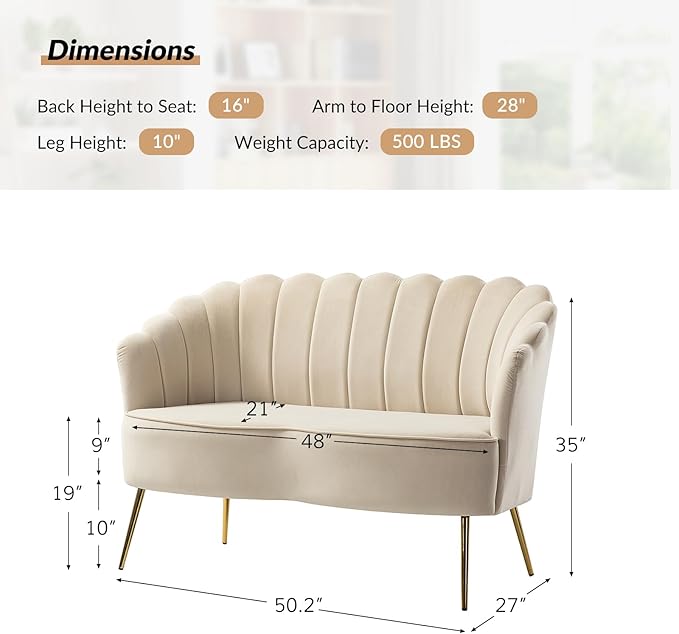 Velvet Upholstered Loveseat Sofa with Gold Metal Legs Modern Comfy Small Love Seat with Flower Shaped Back 2-Seater Sofa Accent Couch for Living Bedroom Leisure Areas