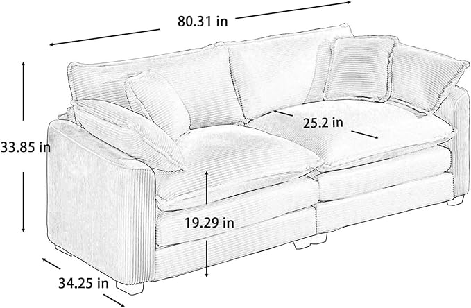 80 Sectional Loveseat Couch Corduroy Cloud 2 Seater Couches Modern Comfy Deep Seat Sofa for Liiving Room Small Spaces &amp Apartment (Grey 2-Seats)
