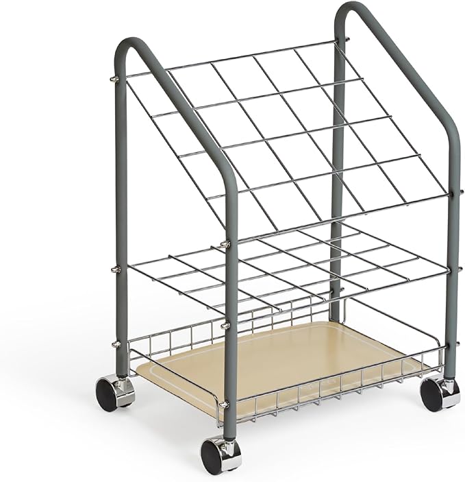 Pemberly Row Tubular Steel Wire Roll File 20 Compartments Chrome Plated Grids Light Gray Finish 18 3/8 W x 14.25 D x 23 3/8 H Twin Wheel Casters Lightweight Organizer for Drawings or Plans