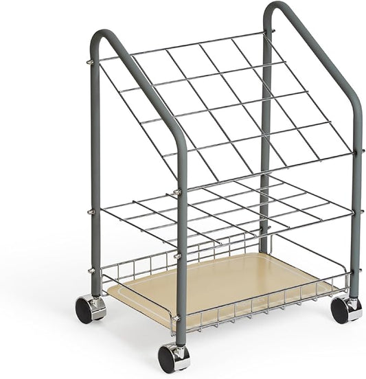 Pemberly Row Tubular Steel Wire Roll File 20 Compartments Chrome Plated Grids Light Gray Finish 18 3/8 W x 14.25 D x 23 3/8 H Twin Wheel Casters Lightweight Organizer for Drawings or Plans