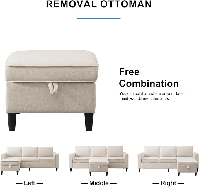 PUREMIND 2 Pcs Sofa Set Couches Set w Wooden Sofa Legs Linen Living Room Furniture w Storage Ottoman Storage Pockets Thicken Cushion Sectional Sofas Includes 3-Seater+ Armchair Beige