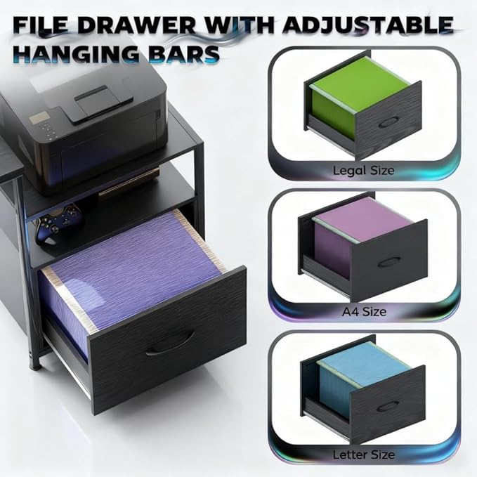 66.9'' Gaming Desk with 4 Fabric Drawers &amp File Cabinet Modern Computer Desk with Power Outlets and LED Lights Home Office Desk PC Desks for Home Office Study (Black)