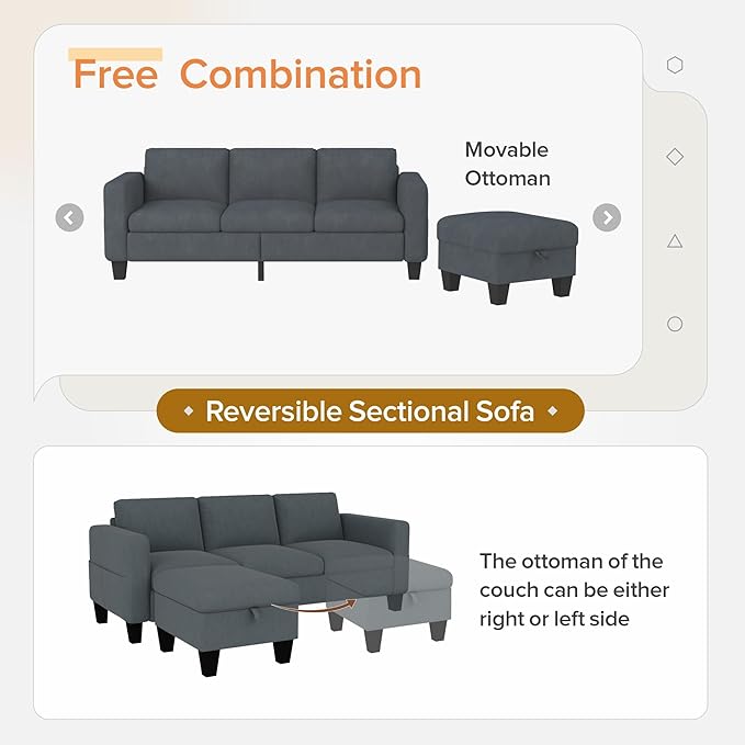 Sectional Sofa Couches for Living Room - 78''Convertible Modular Three-Seater L-Shaped Pet-Friendly CouchWashable Sofa Cover-Bench Storage Suitable for Small Living Room ApartmentOffice-Blue-Gray