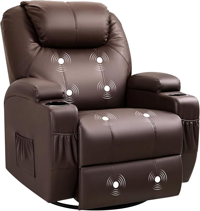 Recliner Chair 360° Swivel Rocker Chair for Adults Rocking Recliner Chair with Massage Comfy Single Sofa with Side Pockets Cup Holders for Living Room Bedroom Nursery (Leather Dark Brown)
