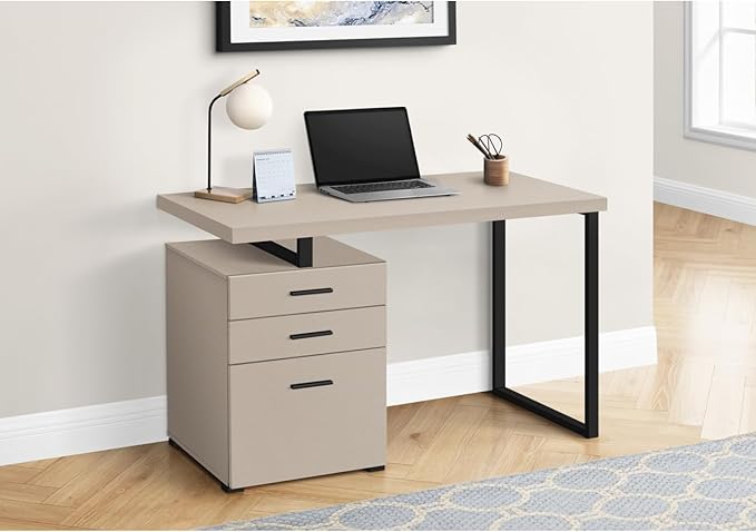 Modern 48 L Computer Desk Reversible Design 2 Storage Drawers Home Office Beige Laptop Desk