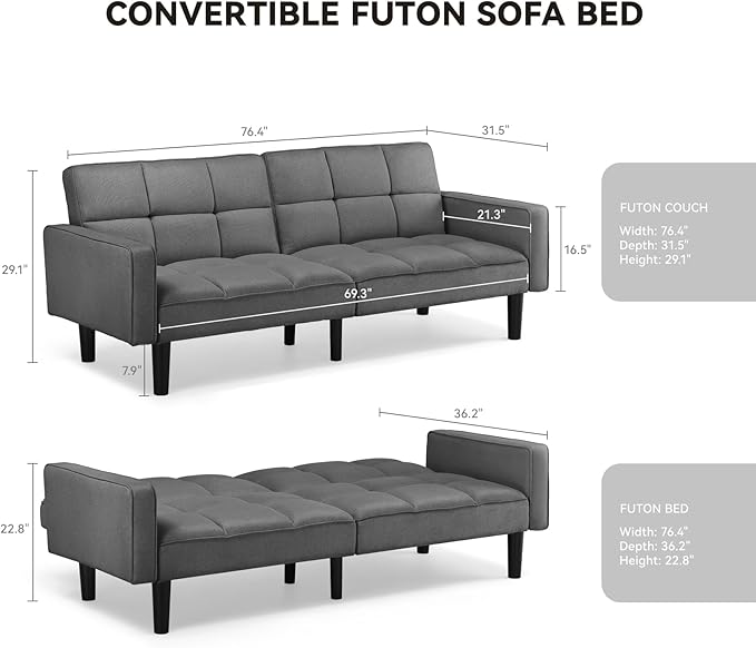 COMHOMA 76 inch Futon Sofa Bed Mid Century Modern Futon Couch with Adjustable Backrest Fabric Convertible Sofa Cama Folding Sleeper Sofa for Living Room Bedroom Dark Gray