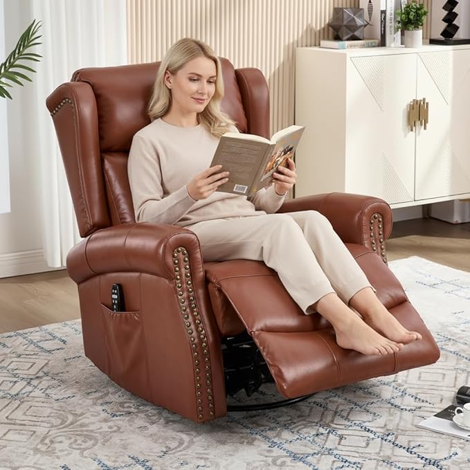 PELUMY Genuine Leather Swivel Rocking Recliner Chair for Adults 360° Swivel Glider Rocker with Heat &amp Vibrating Massage Lounge Chair for Living Room Bedroom Nursery (Tangerine-Red Brown)