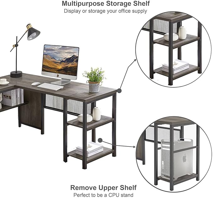 FATORRI L Shaped Desk Industrial Reversible Home Office Computer Desk with Wood Shelves Corner Desks with Metal Legs (Walnut Brown 59 Inch)