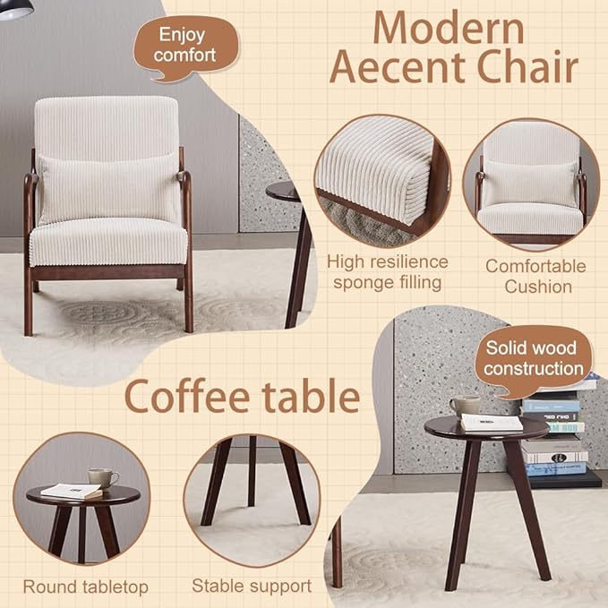 Mid-Century Modern Accent Chair Arm Chair Living Room Chairs with Pillow Upholstered Reading Chair with Solid Wood Frame &amp Living Room Bedroom Balcony