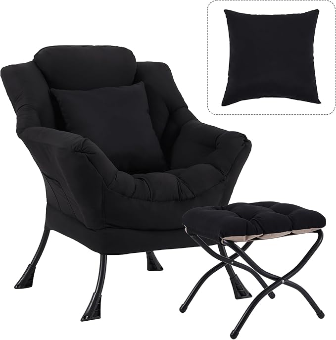 Lazy Chair with Ottoman Large Accent Chair with Ottoman and a Throw Pillow Black Reading Chair for Living Room Bedroom Dorm Room Office Apartment Relaxing Use