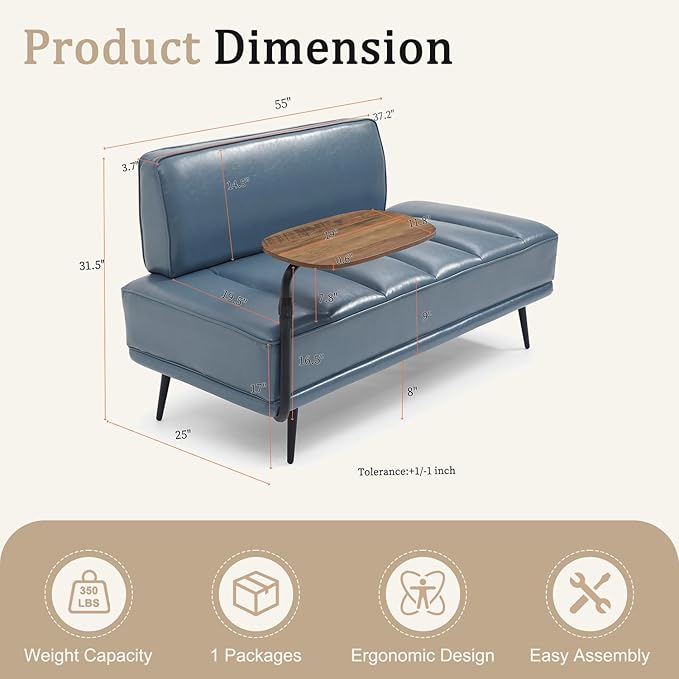 55 Sofa Couch for Living Room with 360° Swivel Side TableUpholstered Small Couches for Bedroom Office or Apartment (Grey)