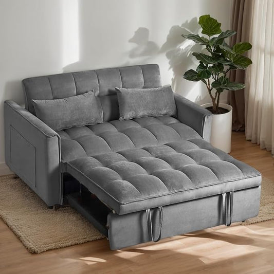 Modern Velvet Sofa Bed with 3-Level Adjustable Backrest &amp Included Pillows Pull Out Convertible Sleeper Chair with High Density Foam for Small Spaces (Dark Gray)