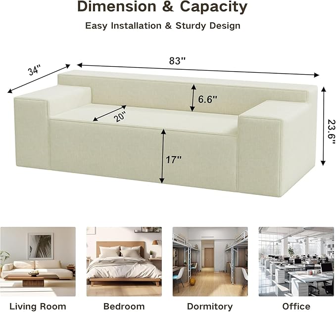 PurrJoys Modular Sectional Sofa 3 Seater 105 Deep Seat Corduroy Lounge Sofa with Movable Cushions Modular Couch for Small Spaces Living Room Bedroom Apartment Office - Beige