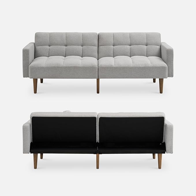 mopio Aaron 76.8 Couch Small Futon Sofa Bed Sleeper Loveseat Mid Century Modern Futon Couch Sofa Cama Couches for Living Room Bedroom (Light Gray Fabric)
