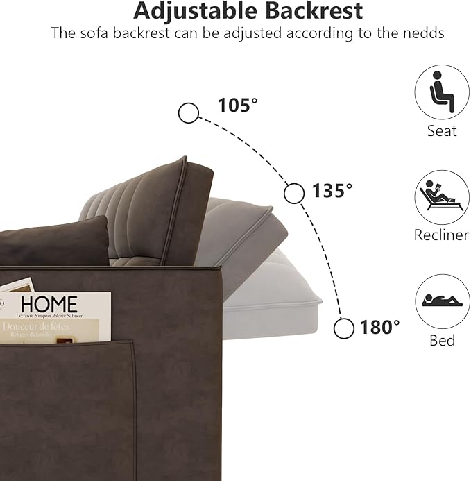 Hison Convertible Sleeper Sofa Bed 3 in 1 Pull Out Couch Bed with Adjustable Backrest Sectional Small Couches for Small Spaces Loveseat for Apartment Living Room (Dark Gray Velvet)
